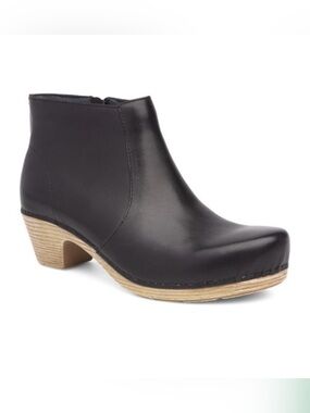 DANSKO Marie Black and Leather Ankle Boot with Wood-Effect Heel Size 40